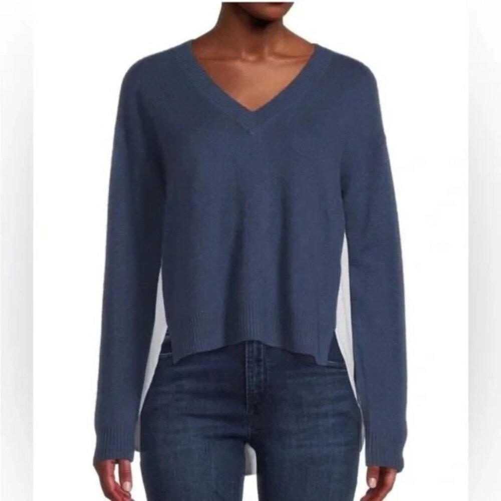 Naadam‎ Womens Mixed Media Pleated Back V Neck Sweater Cashmere Blue White Large